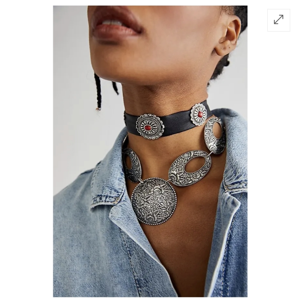 Free People Vincent Necklace Choker Combo, silver, black, red stone, NWT